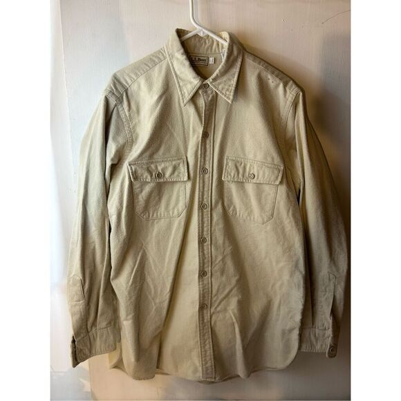 Ll bean Freeport Maine USA mens button flannel 16.5 long cream color (small stai - Picture 1 of 9